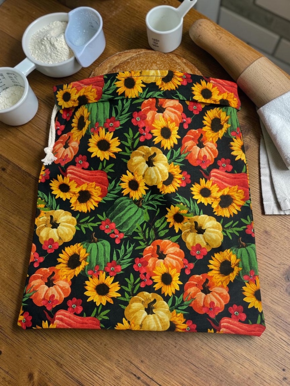 Pumpkin Gourd Sunflower Bread Bag, Reusable Sourdough Cotton Bread Storage Bag